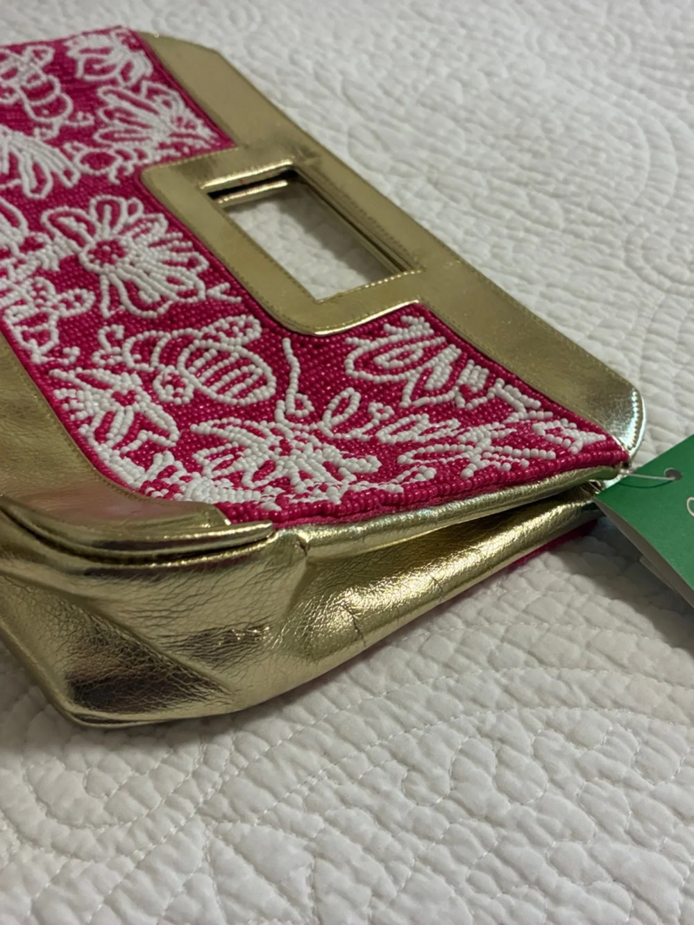 Lilly Pulitzer Gold and Hot Pink Beaded Floral Clutch nwt